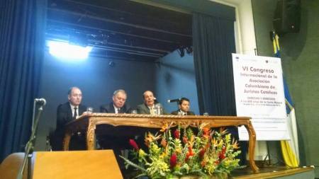 Bogotá, 11 febrero 2015. De izqda. a dcha.: Dr. Miguel Ayuso, Presidente de la Unión Internacional de Juristas Católicos; Dr. Alejandro Ordóñez, Procurador General de la Nación; Dr. Germán Silva, Decano de la Facultad de Derecho de la Universidad Católica de Colombia: Dr. Juan Carlos Novoa, Presidente de la Asociación Colombiana de Juristas Católicos